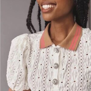 Anthropologie White Eyelet Blouse with Tan and Pink Collar